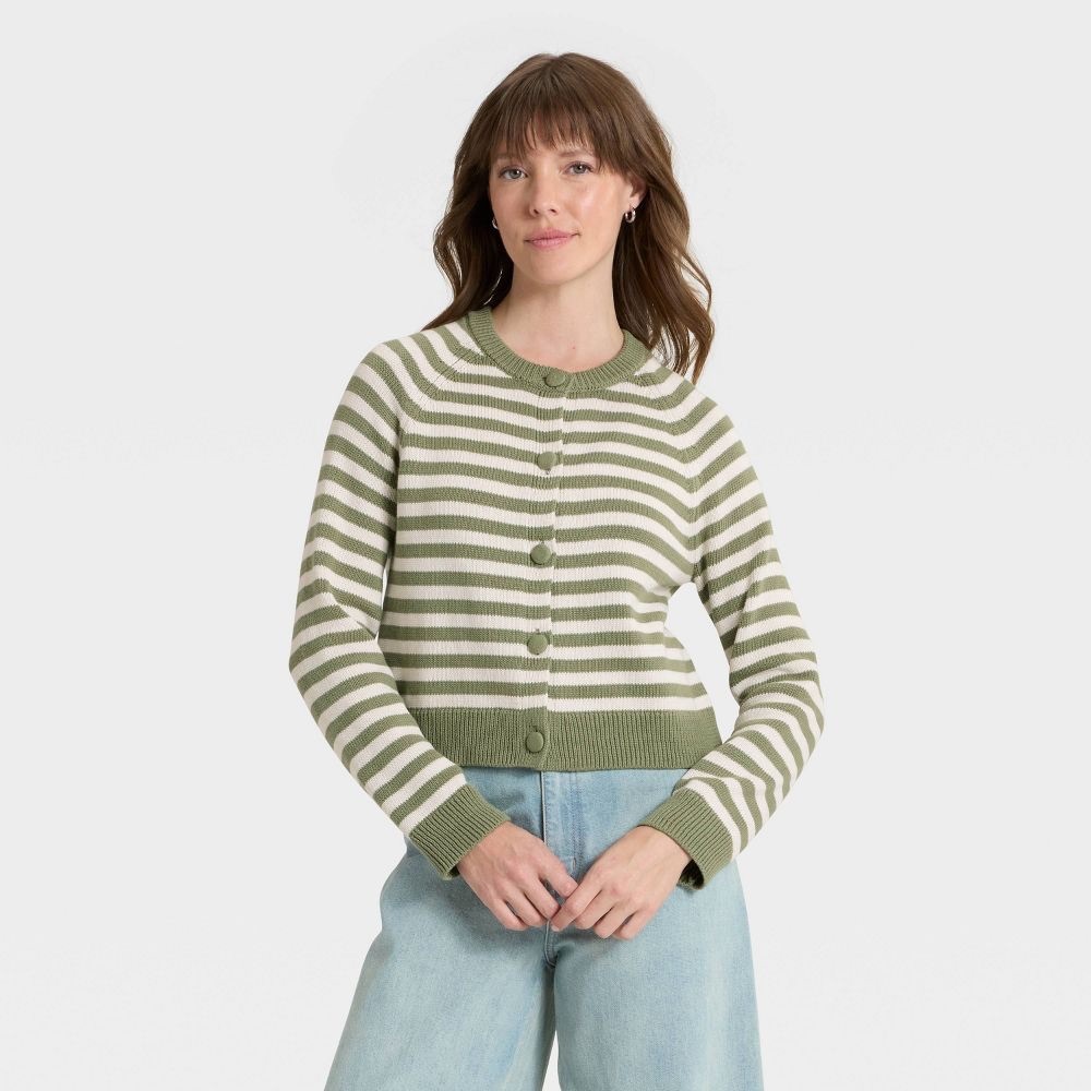 Striped Green and White Women's Cardigan